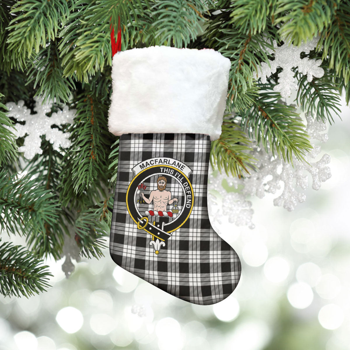 Clan MacFarlane Black _ White Tartan Crest Christmas Stocking LO80 MacFarlane Black _ White Tartan Tartan Stocking   