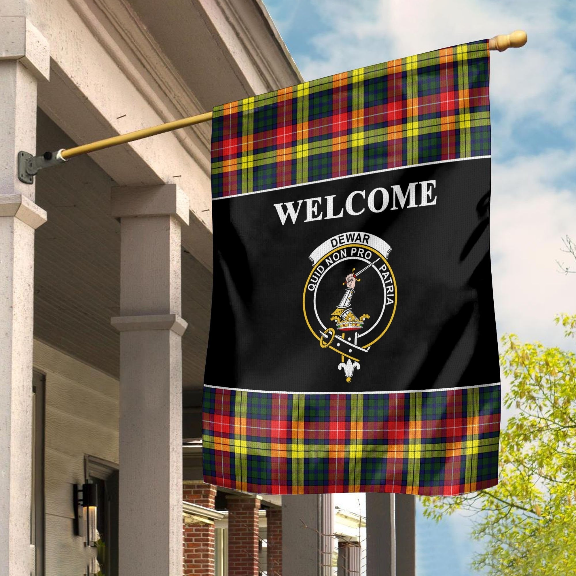 Clan Dewar Tartan Crest Black Garden Flag BW20 Clan Dewar Tartan Today   