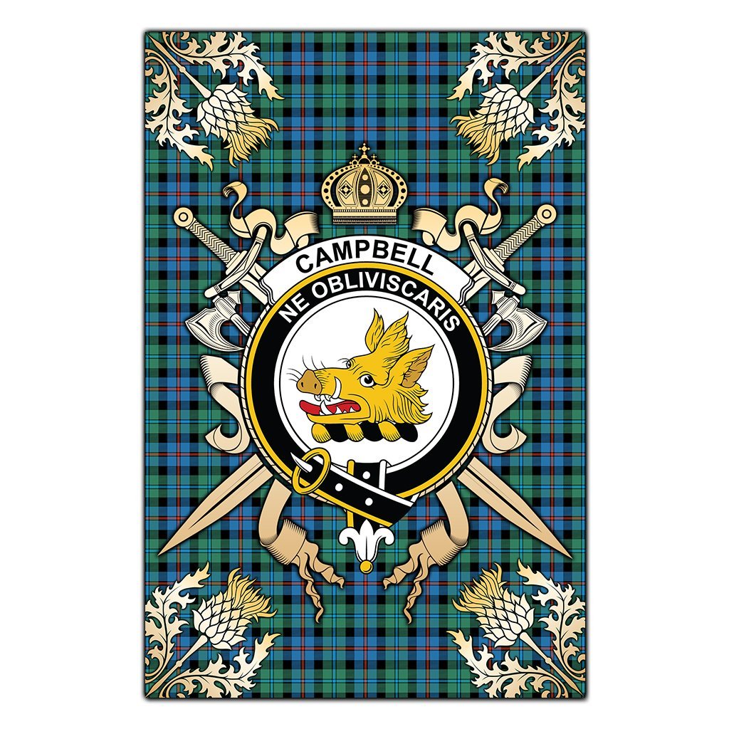 Clan Campbell of Cawdor Ancient Tartan Crest Black Garden Flag  - Gold Thistle  WO16 Clan Campbell of Cawdor Tartan Today   