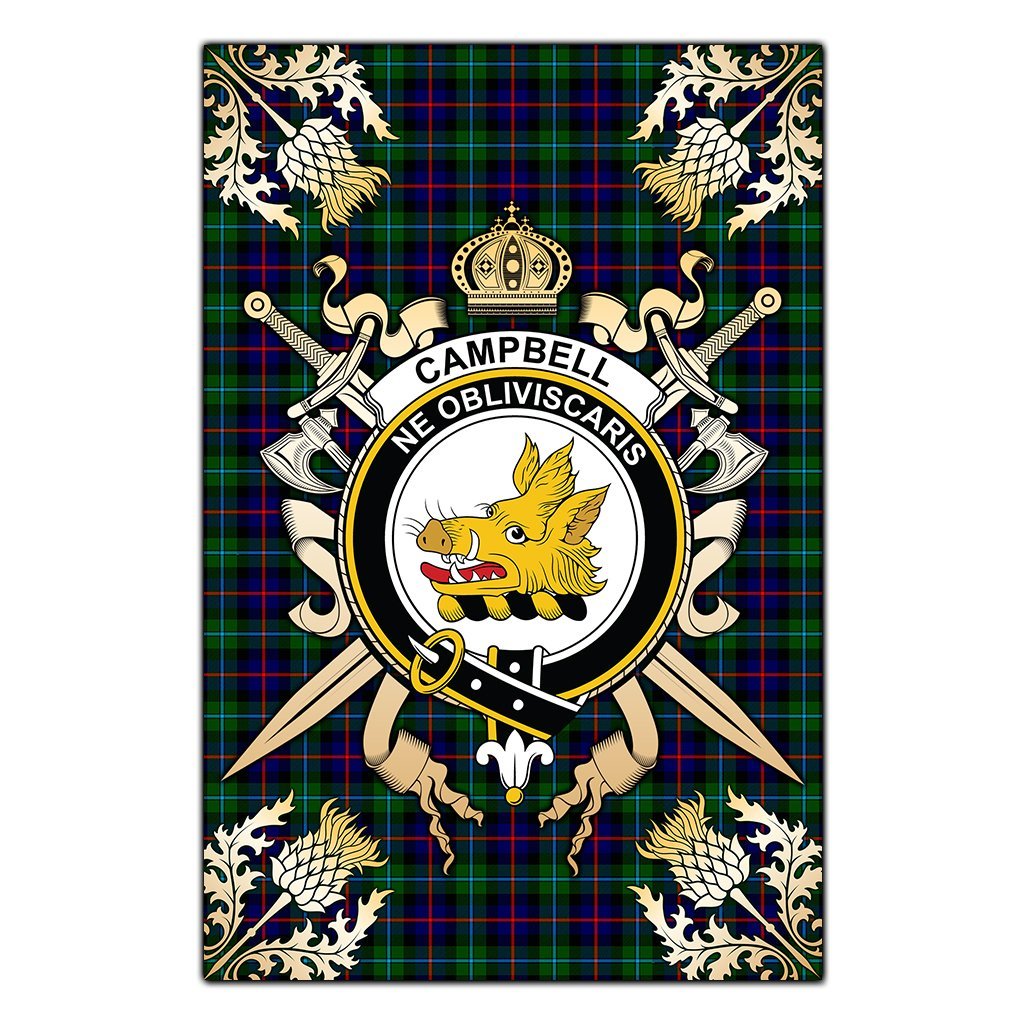 Clan Campbell of Cawdor Modern Tartan Crest Black Garden Flag  - Gold Thistle  SA87 Clan Campbell of Cawdor Tartan Today   