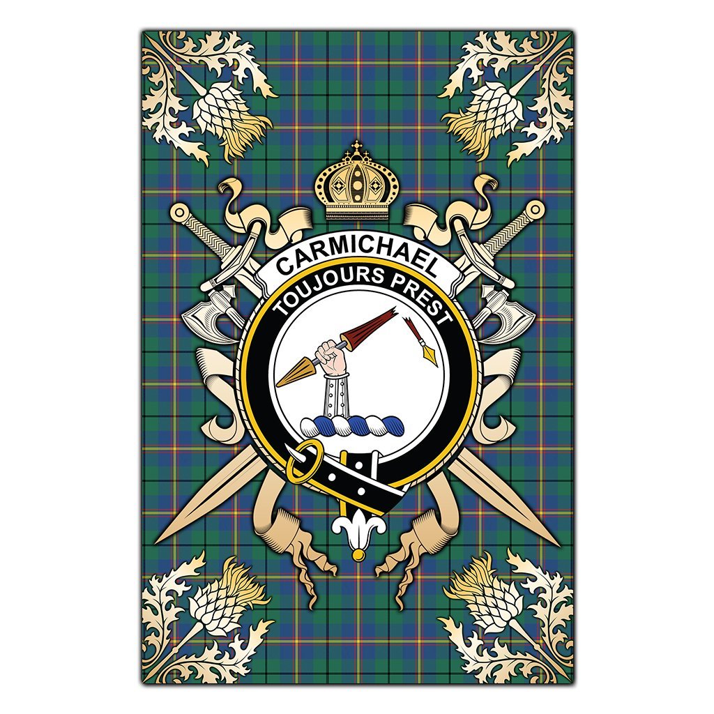 Clan Carmichael Ancient Tartan Crest Black Garden Flag  - Gold Thistle  MA20 Clan Carmichael Tartan Today   