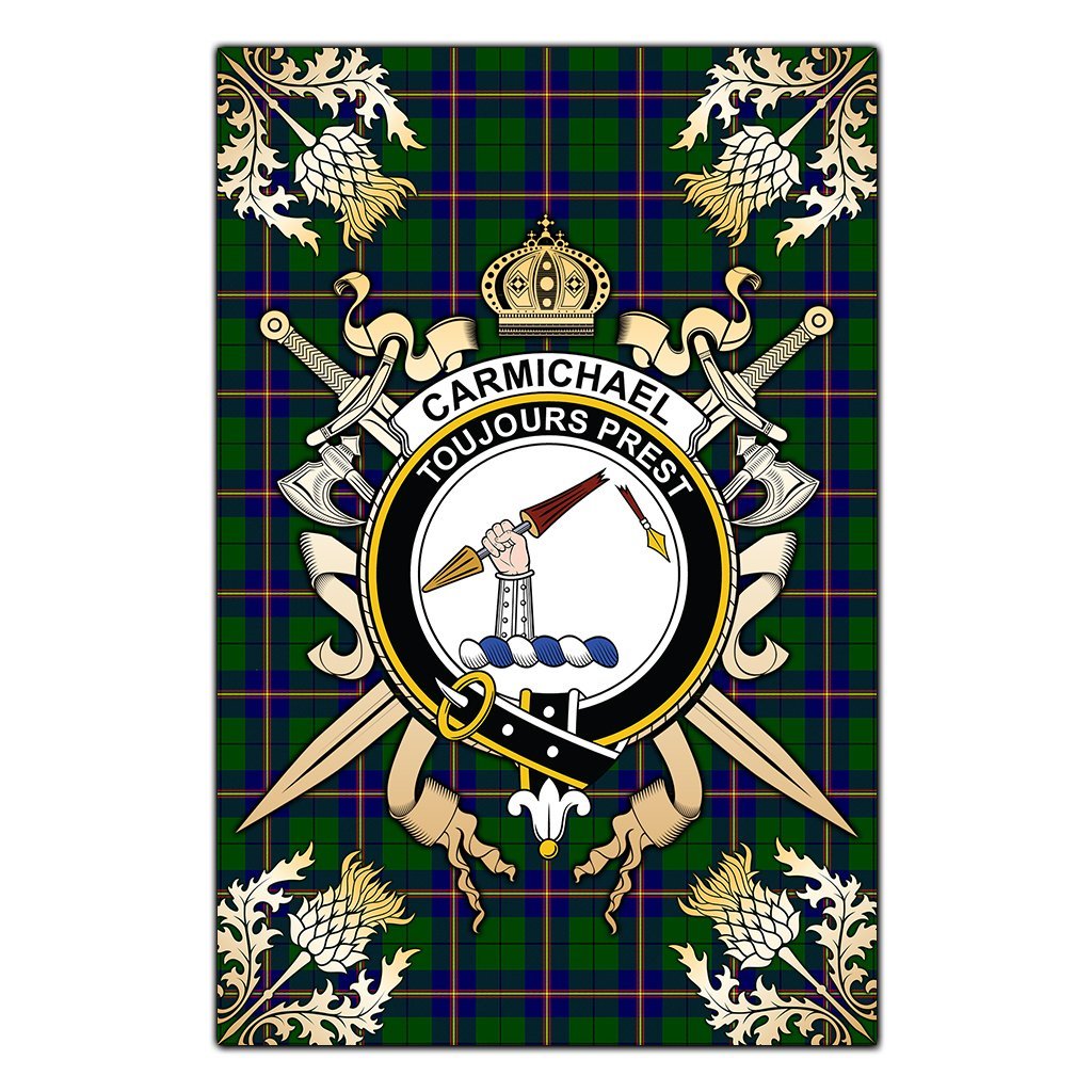 Clan Carmichael Modern Tartan Crest Black Garden Flag  - Gold Thistle  TW16 Clan Carmichael Tartan Today   