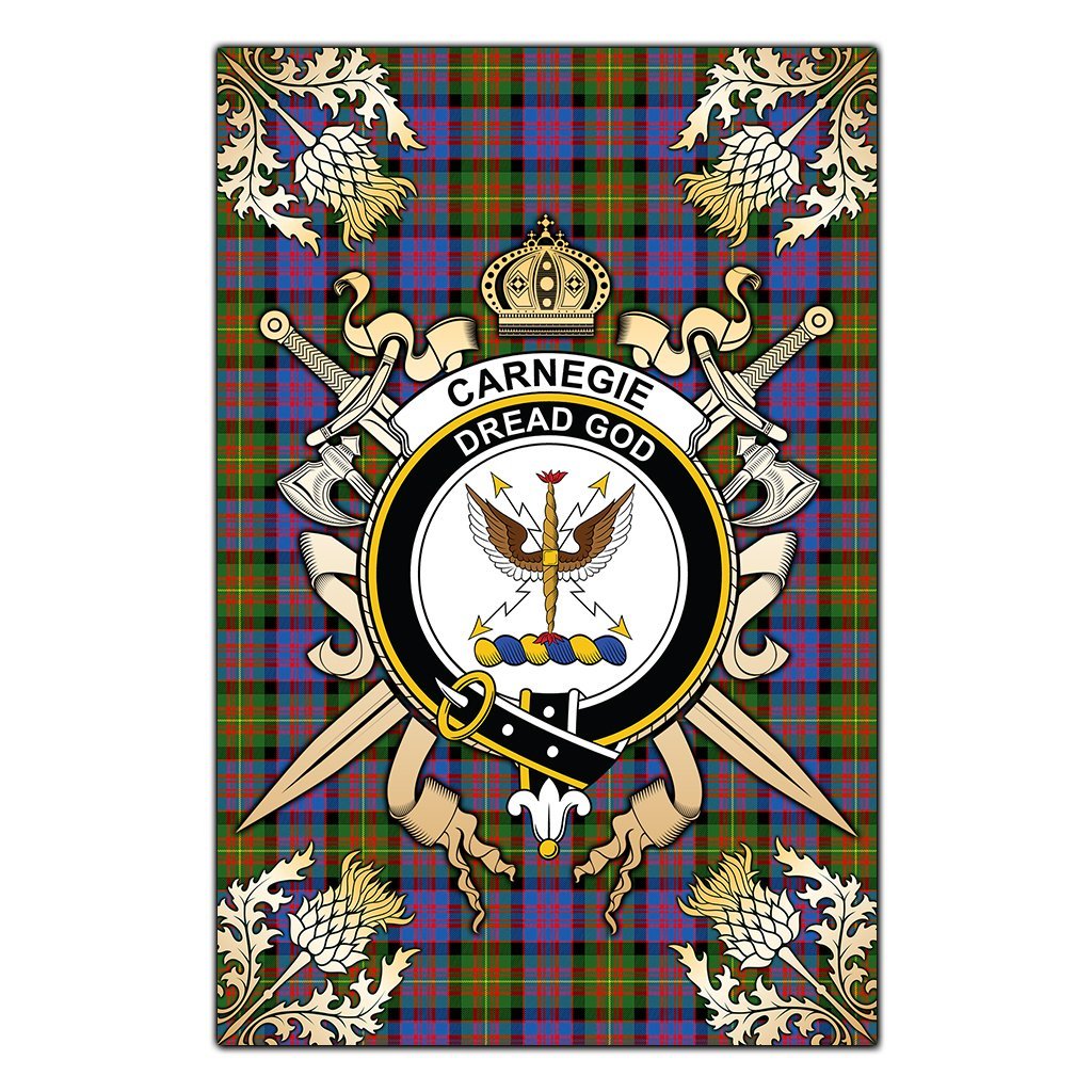 Clan Carnegie Ancient Tartan Crest Black Garden Flag  - Gold Thistle  UB40 Clan Carnegie Tartan Today   