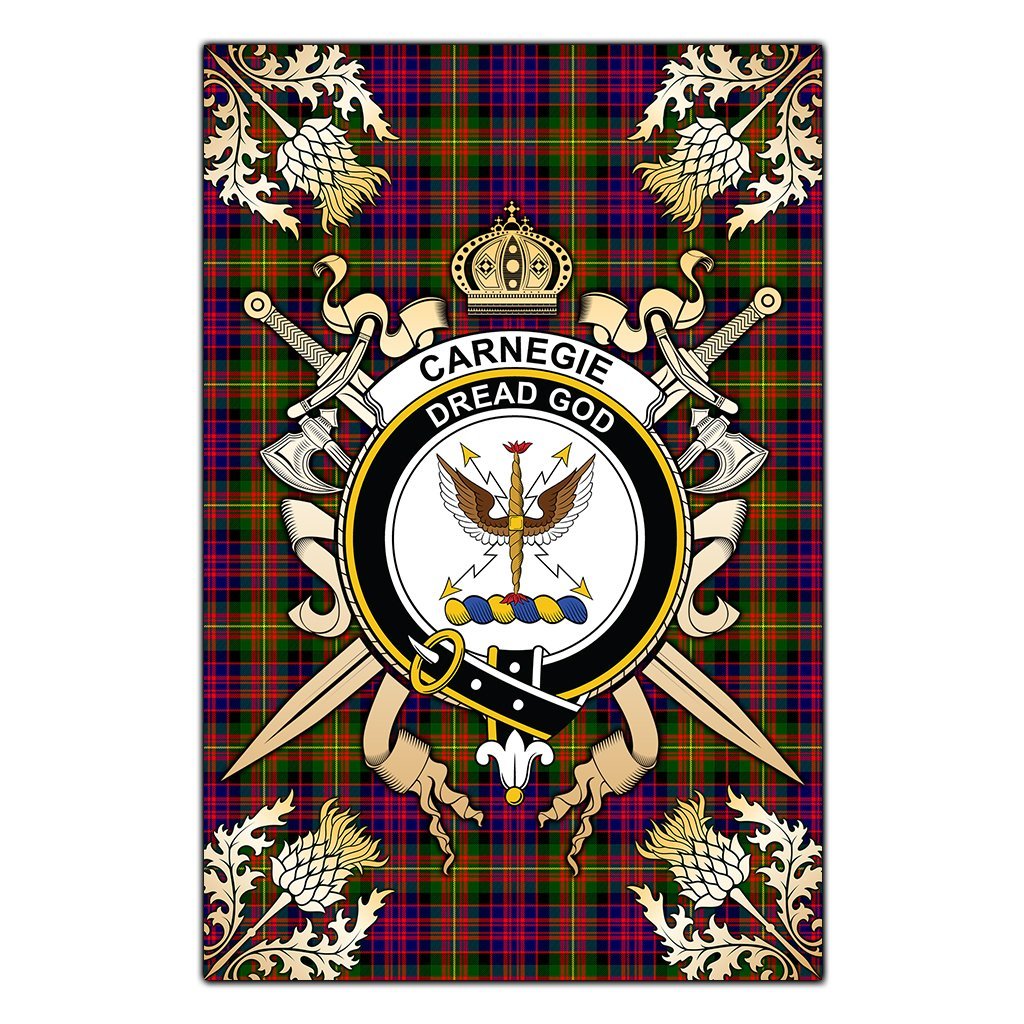 Clan Carnegie Modern Tartan Crest Black Garden Flag  - Gold Thistle  OE10 Clan Carnegie Tartan Today   