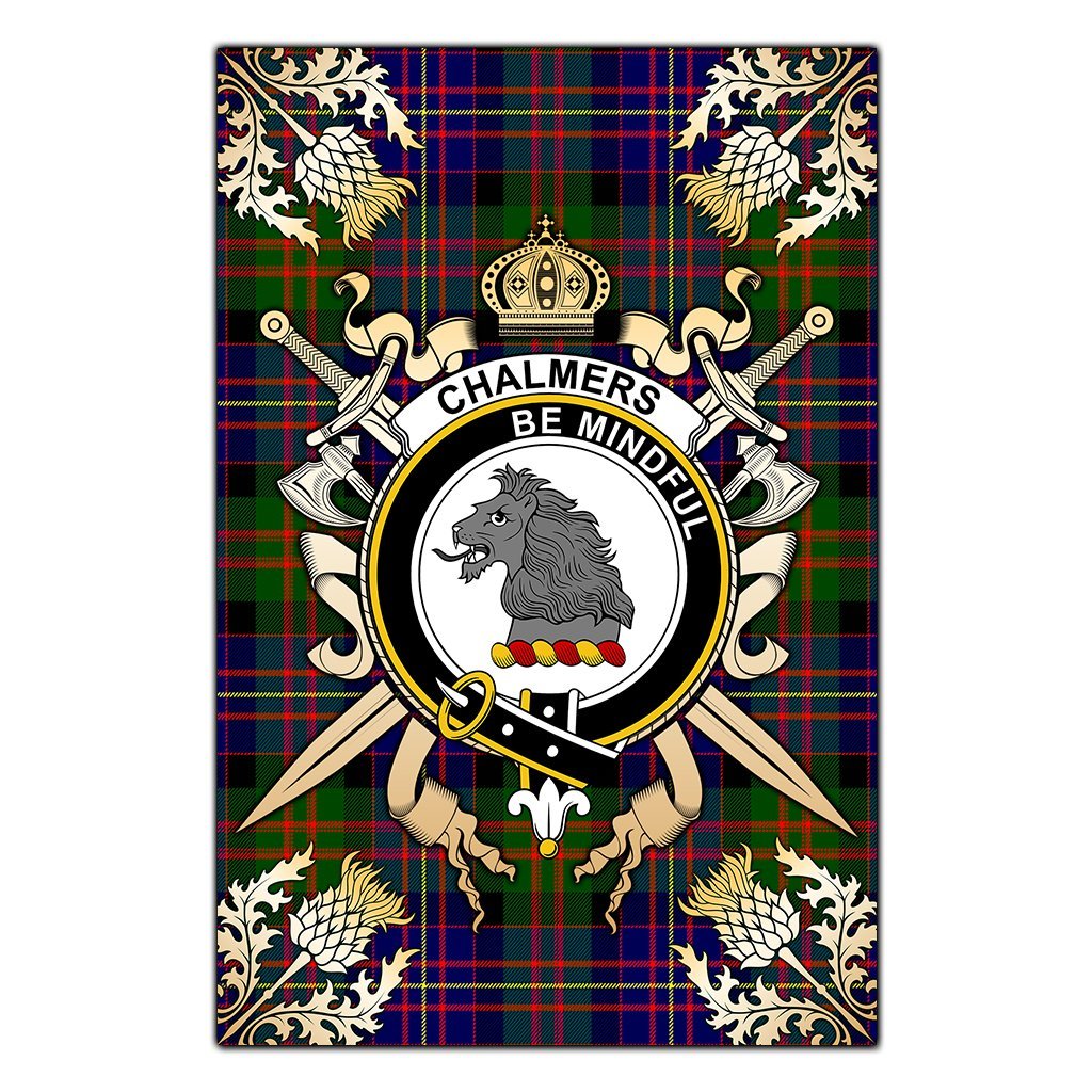 Clan Chalmers Modern Tartan Crest Black Garden Flag  - Gold Thistle  SC32 Clan Chalmers Tartan Today   