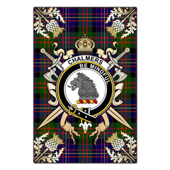 Clan Chalmers Modern Tartan Crest Black Garden Flag  - Gold Thistle  SC32 Clan Chalmers Tartan Today   