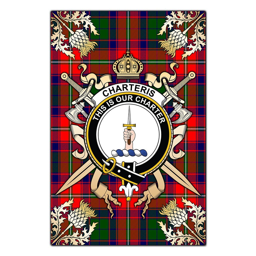 Clan Charteris Tartan Crest Black Garden Flag  - Gold Thistle  JO99 Clan Charteris Tartan Today   