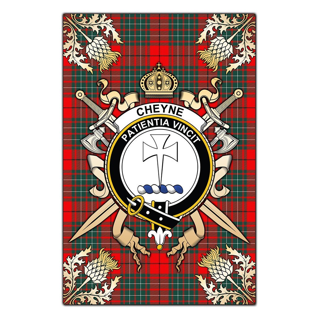 Clan Cheyne Tartan Crest Black Garden Flag  - Gold Thistle  BR80 Clan Cheyne Tartan Today   