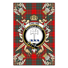 Clan Cheyne Tartan Crest Black Garden Flag  - Gold Thistle  BR80 Clan Cheyne Tartan Today   