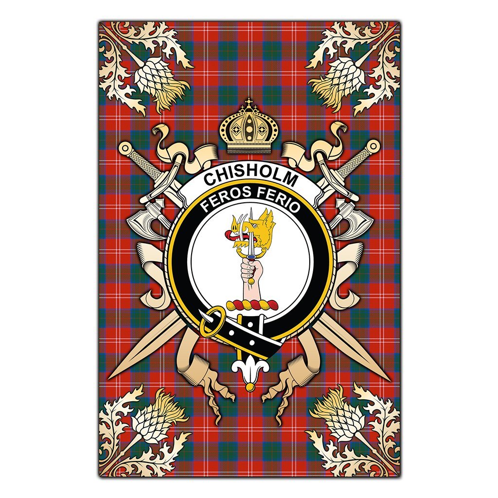 Clan Chisholm Ancient Tartan Crest Black Garden Flag  - Gold Thistle  GU76 Clan Chisholm Tartan Today   