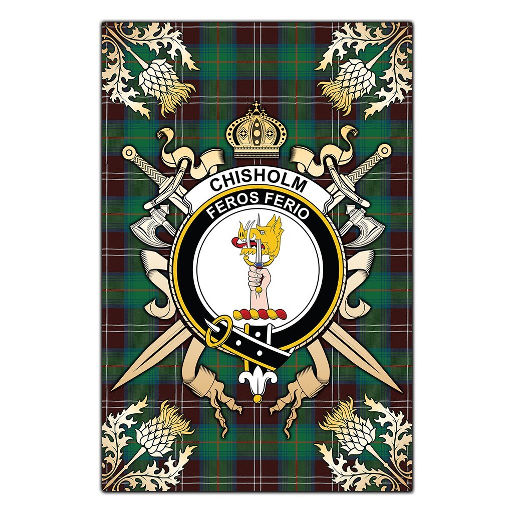 Clan Chisholm Hunting Ancient Tartan Crest Black Garden Flag  - Gold Thistle  FQ22 Clan Chisholm Tartan Today   