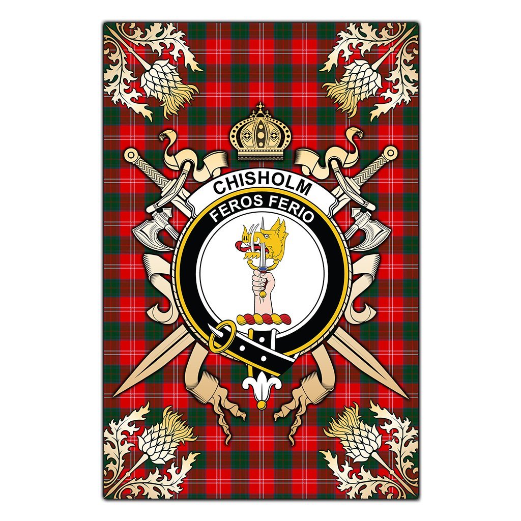 Clan Chisholm Modern Tartan Crest Black Garden Flag  - Gold Thistle  AR58 Clan Chisholm Tartan Today   