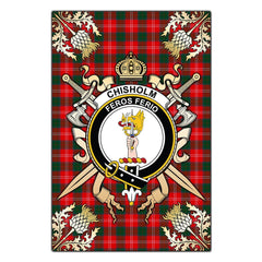 Clan Chisholm Modern Tartan Crest Black Garden Flag  - Gold Thistle  AR58 Clan Chisholm Tartan Today   