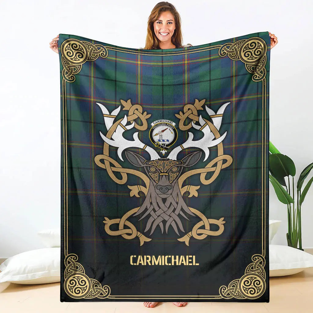 Clan Carmichael Ancient Tartan Crest Premium Blanket Celtic Stag Style WA49 Clan Carmichael Tartan Today   