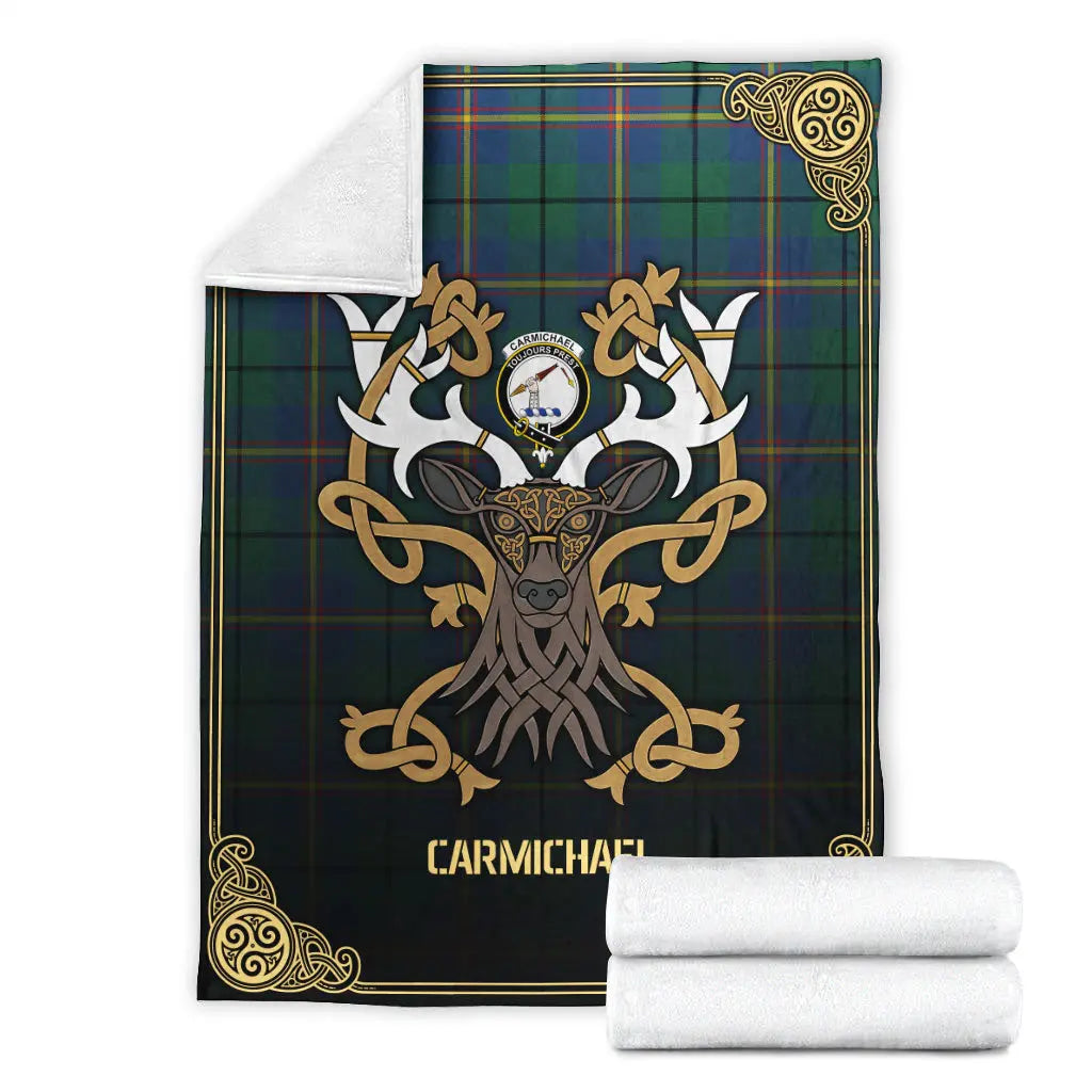 Clan Carmichael Ancient Tartan Crest Premium Blanket Celtic Stag Style WA49 Clan Carmichael Tartan Today   