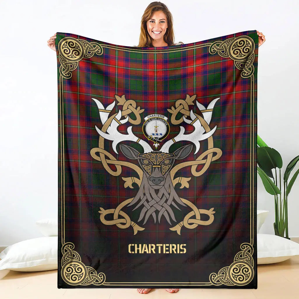 Clan Charteris (Earl of Wemyss) Tartan Crest Premium Blanket Celtic Stag Style AI25 Clan Wemyss Tartan Today   