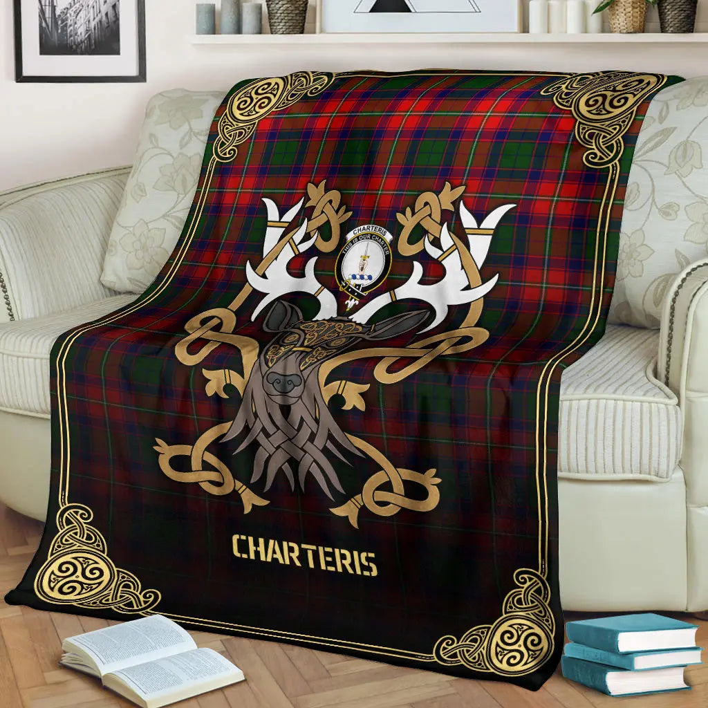 Clan Charteris (Earl of Wemyss) Tartan Crest Premium Blanket Celtic Stag Style AI25 Clan Wemyss Tartan Today   