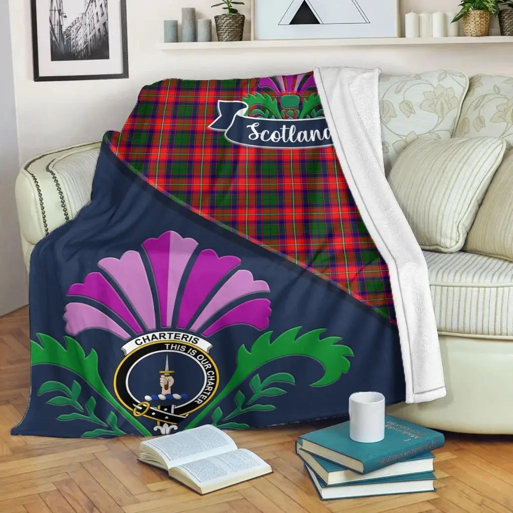 Clan Charteris (Earl of Wemyss) Tartan Crest Premium Blanket Thistle Style TR77 Clan Wemyss Tartan Today   