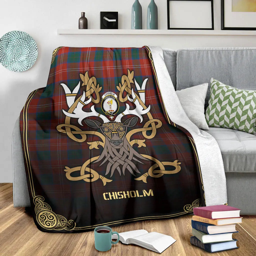 Clan Chisholm Ancient Tartan Crest Premium Blanket Celtic Stag Style EG81 Clan Chisholm Tartan Today   