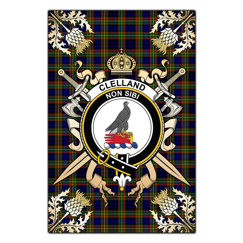 Clan Clelland Modern Tartan Crest Black Garden Flag  - Gold Thistle  HL54 Clan Clelland Tartan Today   