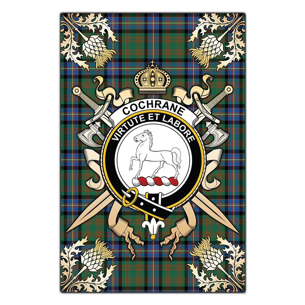 Clan Cochrane Ancient Tartan Crest Black Garden Flag  - Gold Thistle  KV26 Clan Cochrane Tartan Today   