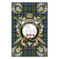 Clan Cochrane Ancient Tartan Crest Black Garden Flag  - Gold Thistle  KV26 Clan Cochrane Tartan Today   