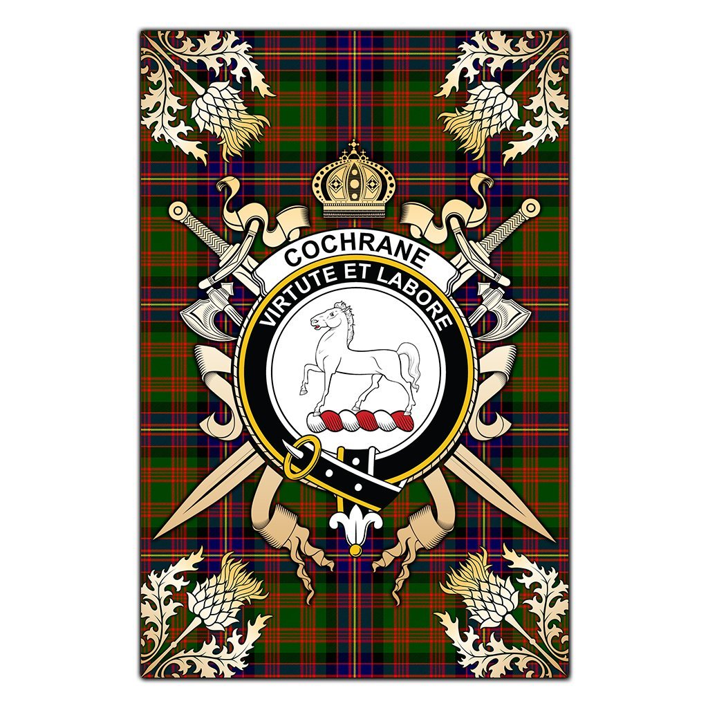 Clan Cochrane Modern Tartan Crest Black Garden Flag  - Gold Thistle  YK15 Clan Cochrane Tartan Today   