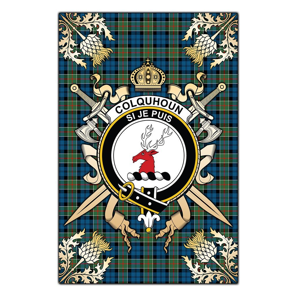 Clan Colquhoun Ancient Tartan Crest Black Garden Flag  - Gold Thistle  BY63 Clan Colquhoun Tartan Today   