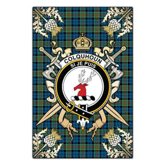 Clan Colquhoun Ancient Tartan Crest Black Garden Flag  - Gold Thistle  BY63 Clan Colquhoun Tartan Today   