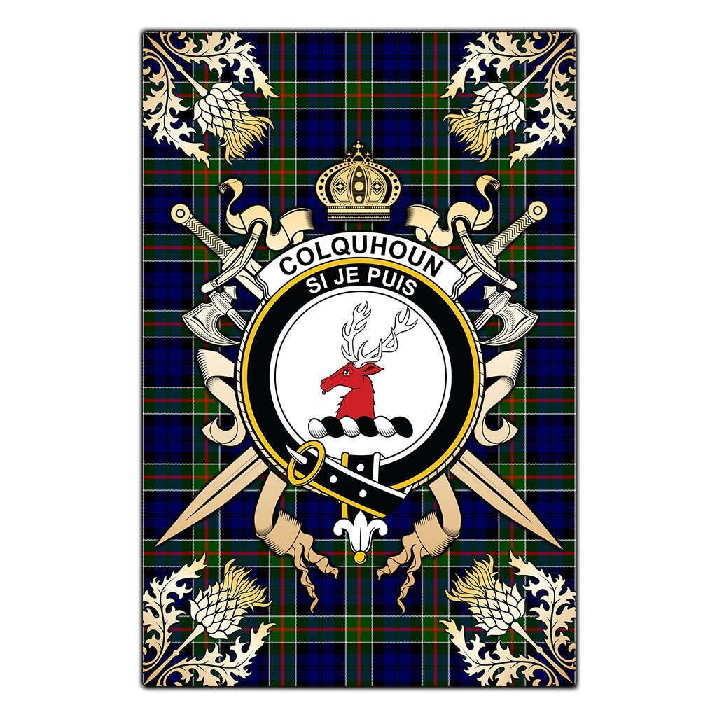 Clan Colquhoun Modern Tartan Crest Black Garden Flag  - Gold Thistle  ME61 Clan Colquhoun Tartan Today   