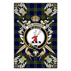 Clan Colquhoun Modern Tartan Crest Black Garden Flag  - Gold Thistle  ME61 Clan Colquhoun Tartan Today   