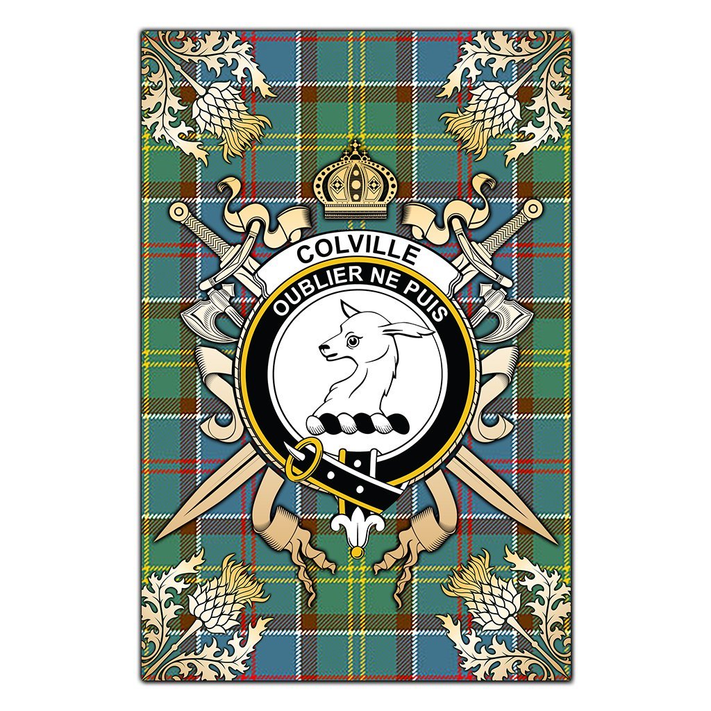 Clan Colville Tartan Crest Black Garden Flag  - Gold Thistle  VP21 Clan Colville Tartan Today   