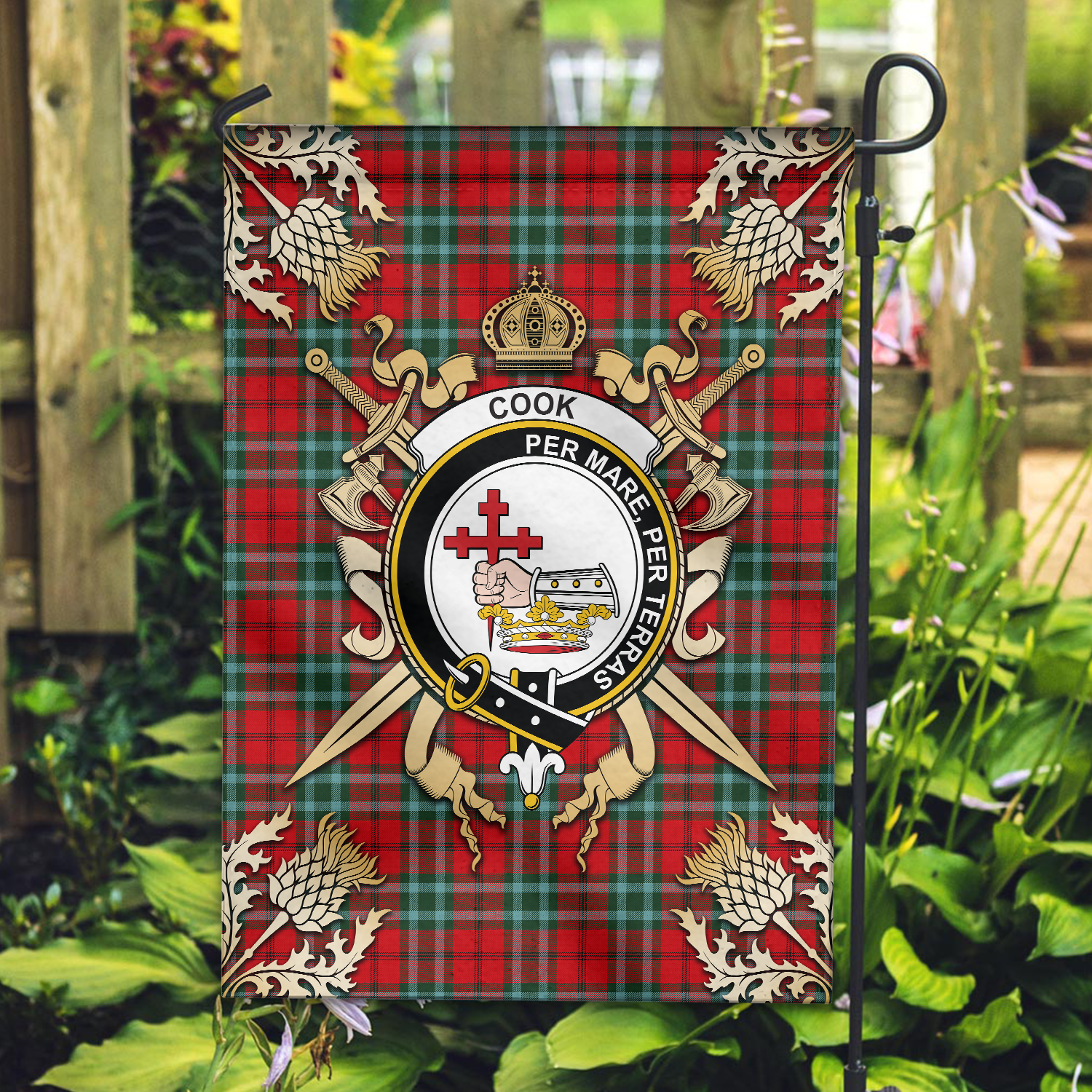 Clan Cook Tartan Crest Black Garden Flag  - Gold Thistle  BQ12 Clan Hall Tartan Today   