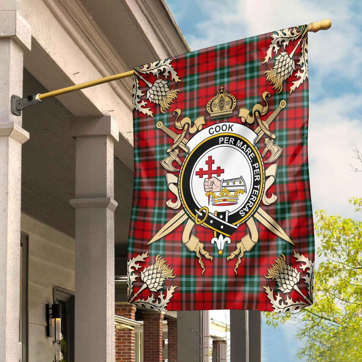 Clan Cook Tartan Crest Black Garden Flag  - Gold Thistle  BQ12 Clan Hall Tartan Today   