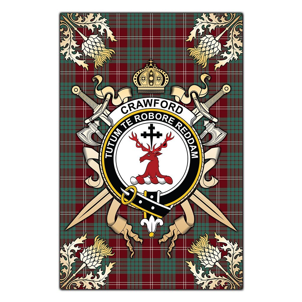 Clan Crawford Modern Tartan Crest Black Garden Flag  - Gold Thistle  AC27 Clan Crawford Tartan Today   