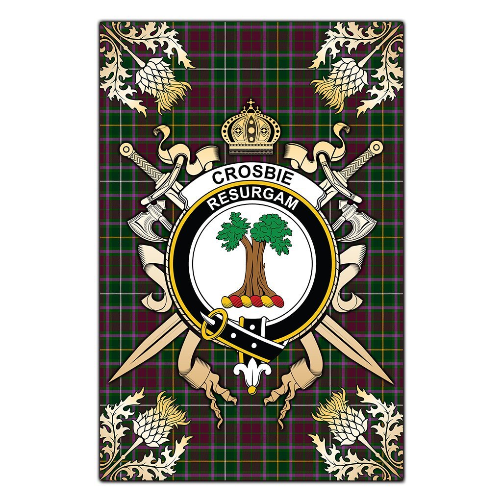 Clan Crosbie Tartan Crest Black Garden Flag  - Gold Thistle  FP10 Clan Crosbie Tartan Today   