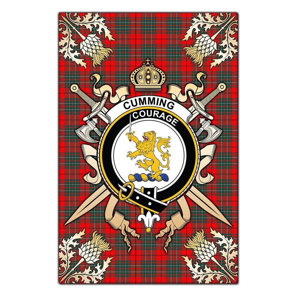 Clan Cumming Modern Tartan Crest Black Garden Flag  - Gold Thistle  ER76 Clan Cumming Tartan Today   