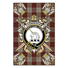 Clan Cunningham Burgundy Dancers Tartan Crest Black Garden Flag  - Gold Thistle  VW46 Clan Cunningham Tartan Today   