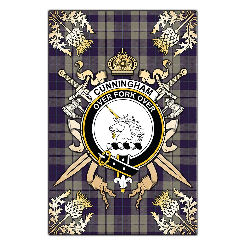 Clan Cunningham Dress Blue Dancers Tartan Crest Black Garden Flag  - Gold Thistle  NU45 Clan Cunningham Tartan Today   