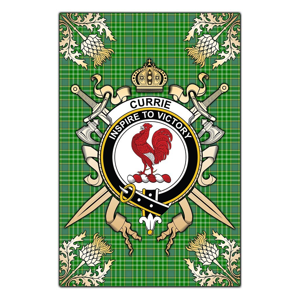 Clan Currie Tartan Crest Black Garden Flag  - Gold Thistle  MS55 Clan Currie Tartan Today   