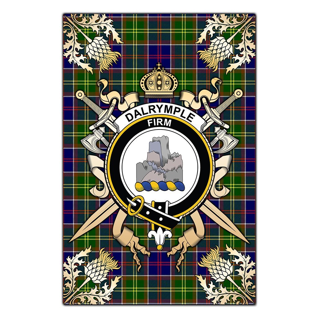 Clan Dalrymple Tartan Crest Black Garden Flag  - Gold Thistle  TI60 Clan Dalrymple Tartan Today   