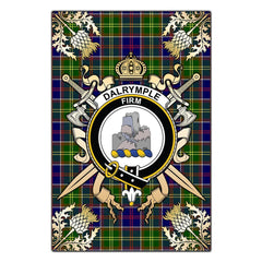 Clan Dalrymple Tartan Crest Black Garden Flag  - Gold Thistle  TI60 Clan Dalrymple Tartan Today   