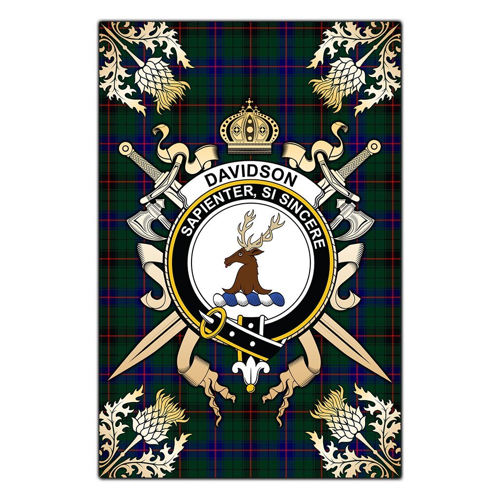 Clan Davidson Modern Tartan Crest Black Garden Flag  - Gold Thistle  IM80 Clan Davidson Tartan Today   