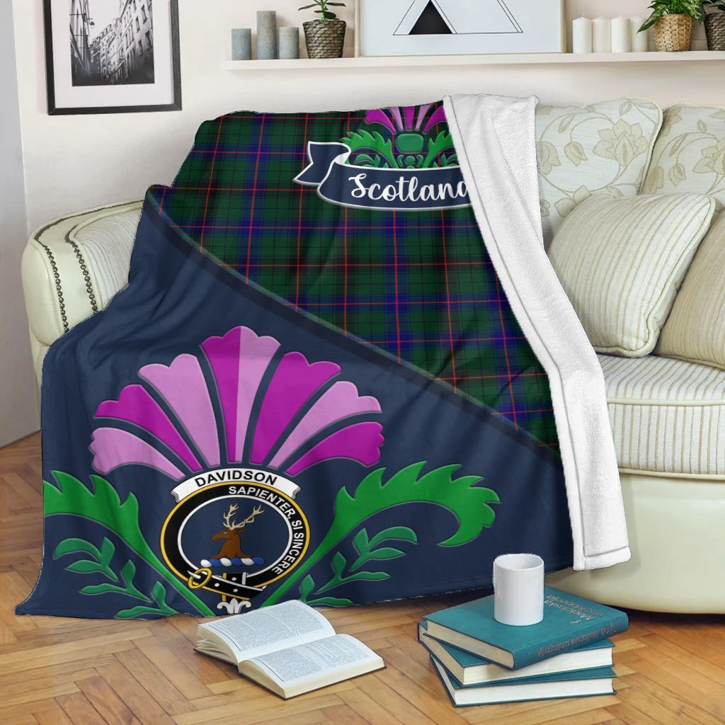 Clan Davidson Tartan Crest Premium Blanket Thistle Style VP45 Clan Davidson Tartan Today   