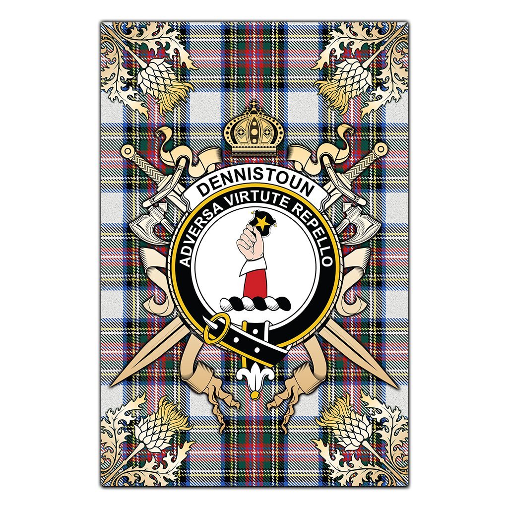 Clan Dennistoun Tartan Crest Black Garden Flag  - Gold Thistle  GO90 Clan Dennistoun Tartan Today   