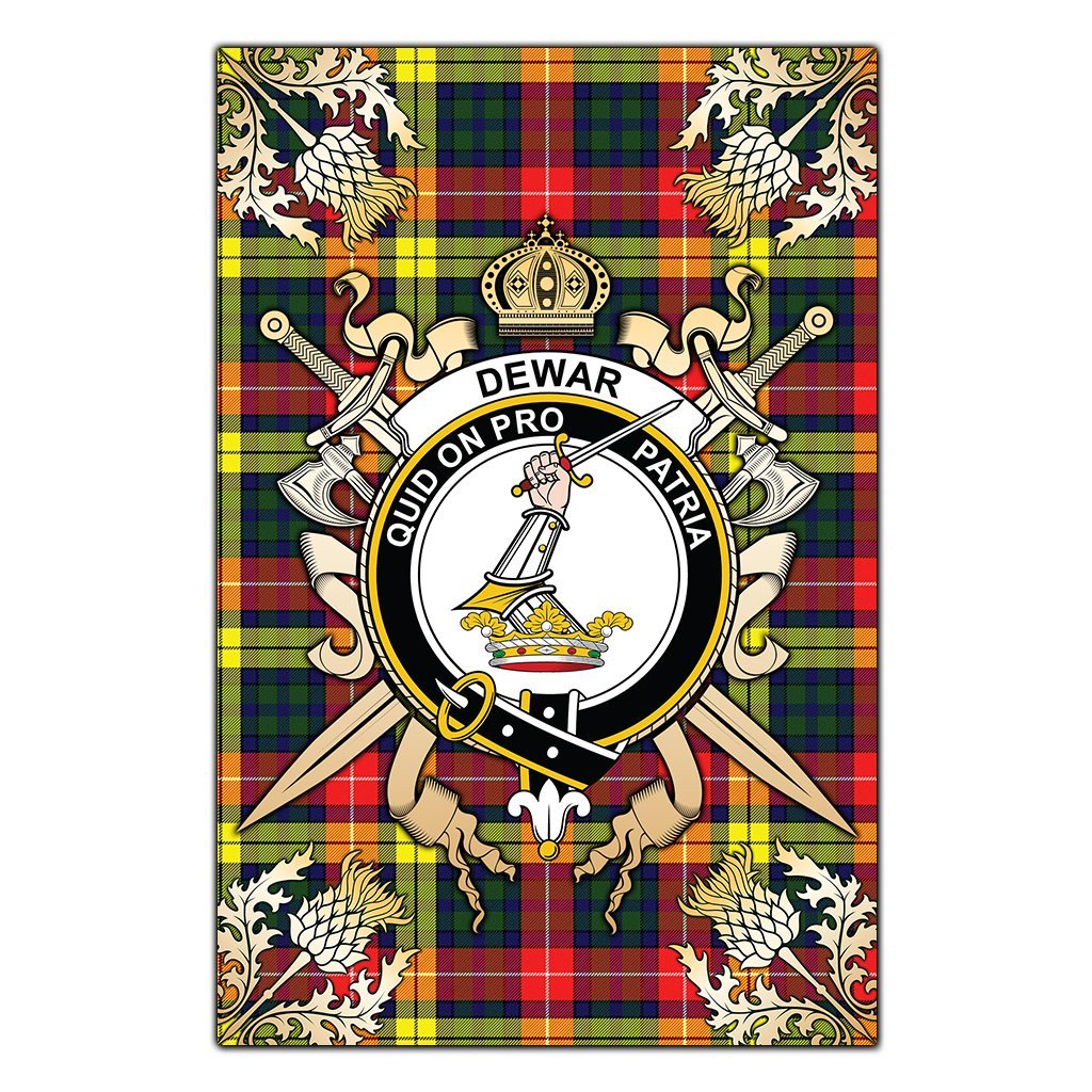 Clan Dewar Tartan Crest Black Garden Flag  - Gold Thistle  YJ22 Clan Dewar Tartan Today   