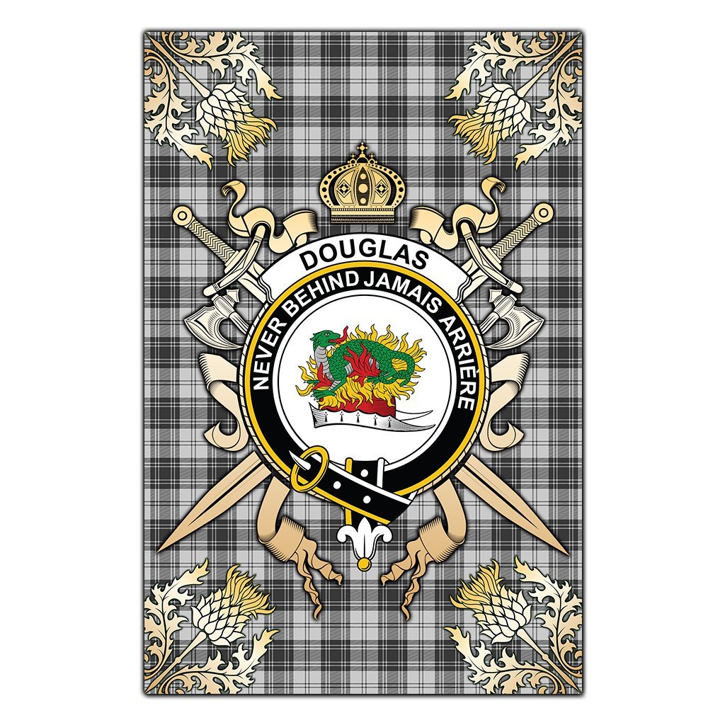 Clan Douglas Grey Modern Tartan Crest Black Garden Flag  - Gold Thistle  CS18 Clan Douglas Tartan Today   