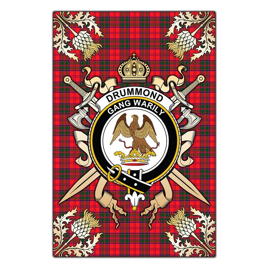 Clan Drummond Modern Tartan Crest Black Garden Flag  - Gold Thistle  DH28 Clan Drummond Tartan Today   
