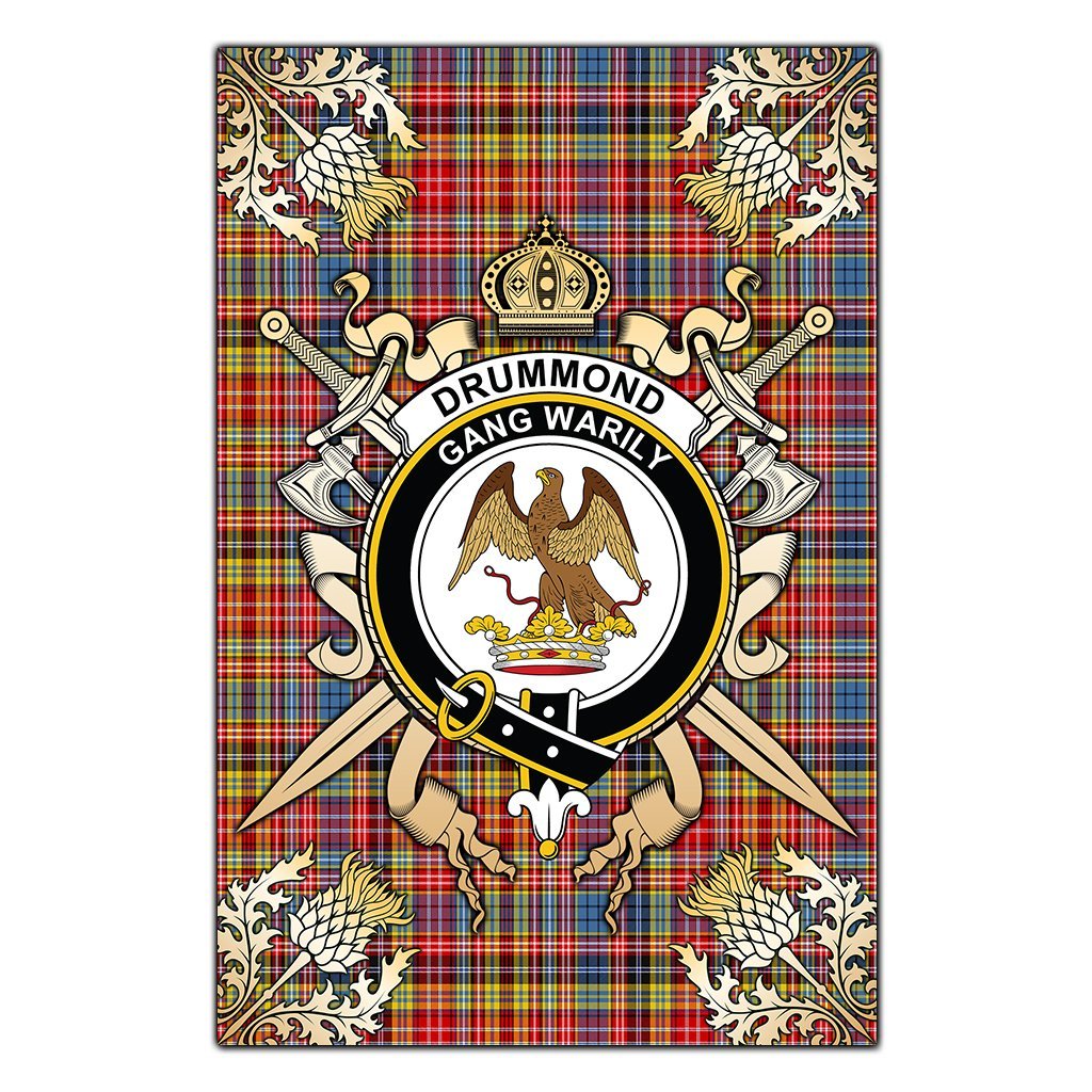 Clan Drummond of Strathallan Tartan Crest Black Garden Flag  - Gold Thistle  LF84 Clan Hall Tartan Today   