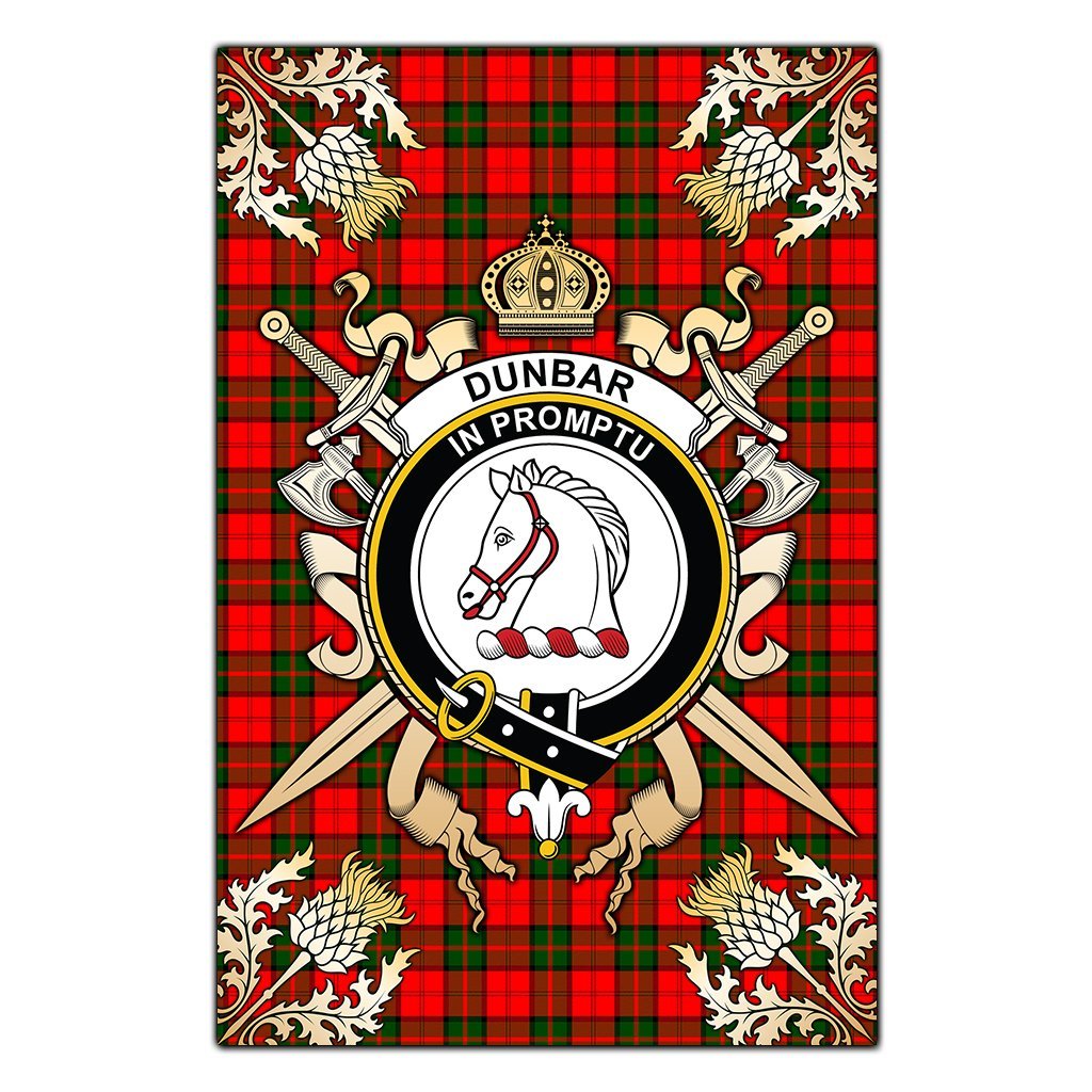 Clan Dunbar Modern Tartan Crest Black Garden Flag  - Gold Thistle  RK30 Clan Dunbar Tartan Today   